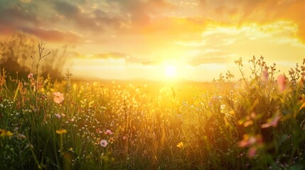 Canvas Print - Tranquil summer landscape with a serene sunset over a flowering meadow filled with vibrant wildflowers and ample copy space on the right side.