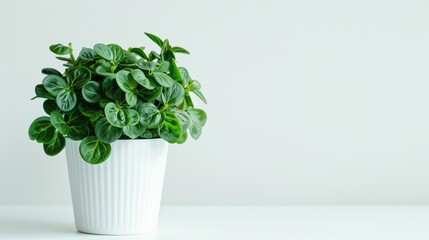 Wall Mural - High quality photo of green plant with round leaves in white flowerpot on white background