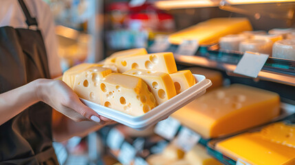 Wall Mural - Woman holding in hands tray with fresh organic swiss cheese in the food store. Organic dairy products, small business concept.