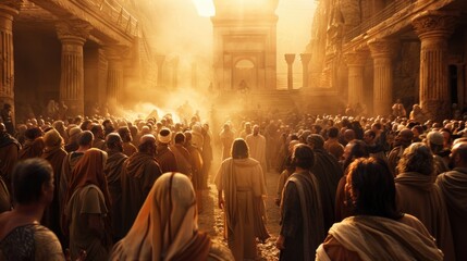 Jesus Christ surrounded a crowd of people in an ancient city.