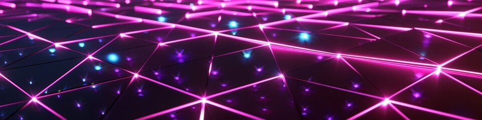 Wall Mural - Triangular grid with interlocking triangles in neon pink, set against a dark violet background for a vibrant tech look