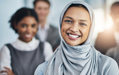 Leadership, support and portrait of Muslim woman with team, confidence or solidarity at global consultancy. About us, happy female manager and business people in office for diversity, trust and smile