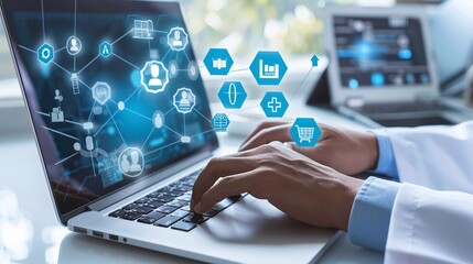 Health Insurance, telemedicine, virtual hospital, family medicine concept. Doctor using laptop computer with health care icons, medical technology background, health insurance business