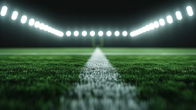 Football field illuminated by bright stadium lights, night game setting, high-energy sports concept