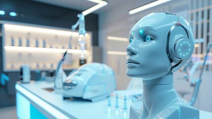 Poster - A close-up view of a robotic head, featuring glowing blue eyes, in a modern medical clinic. The robot is positioned on a counter alongside medical equipment.