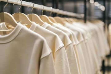 Luxury store with beige sweatshirts hanging on hangers.