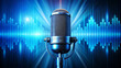© Yekatseryna - Colorful music podcast concept. Microphone with voice recording wave. Future technology