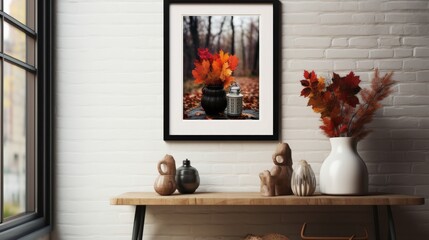 Wall Mural - Autumnal Decor with Fall Leaves and a Black and White Picture