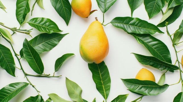 Mango seemingly suspended in space surrounded by fresh green leaves, presenting a delightful tropical tableau against a white background