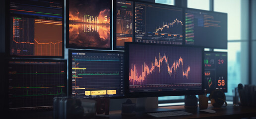 a computer monitor sitting on top of a desk next to a window with multiple screens on it and a clock