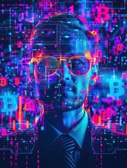 Aufkleber - Man in neon lights with Bitcoin symbols and digital data, representing cryptocurrency and futuristic financial technology.
