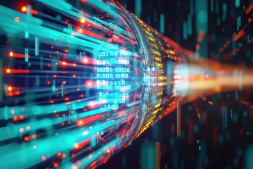 Leinwandbilder - High-speed data transfer concept. A colorful fiber optic cable with digital data transmission represented by glowing lights.