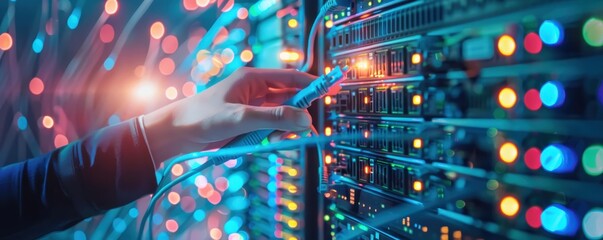 Leinwandbilder - Hand plugging network cable into server rack with colorful LED lights, showcasing data center technology and high-speed internet connection.