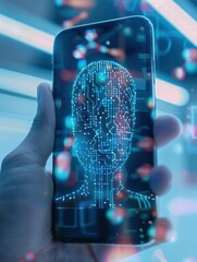Aufkleber - Hand holding smartphone with a digital human face display, showcasing futuristic technology and artificial intelligence concepts.