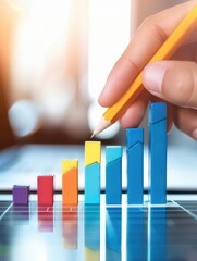 Poster - Hand holding a pencil pointing at a colorful bar graph representing data analysis and business growth on a blurred background.
