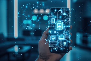 Poster - Hand holding smartphone with holographic digital interface, showcasing network, security, and advanced technology in a futuristic setting.