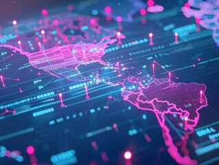 Aufkleber - Futuristic digital map of the Americas with neon lights and data points, showcasing technology and connectivity across the continent.
