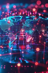 Wall Mural - glowing digital world map with neon connectivity lines