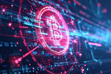 Aufkleber - Digital artwork of a glowing Bitcoin icon surrounded by circuit lines, illustrating the concept of cryptocurrency and blockchain technology.