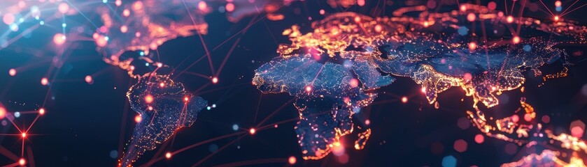 Wall Mural - glowing digital world map with neon connectivity lines