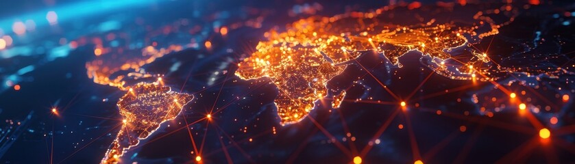 Wall Mural - glowing digital world map with neon connectivity lines