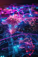 Wall Mural - glowing digital world map with neon connectivity lines