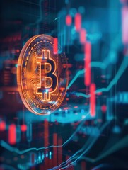 Aufkleber - Abstract digital representation of a glowing Bitcoin with futuristic financial graph in the background highlighting cryptocurrency market trends.