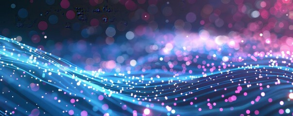 Poster - Abstract digital landscape with vibrant blue and pink light particles creating a futuristic and dynamic wave pattern. Perfect for tech visuals.