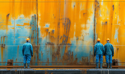 Men Standing in Front of Yellow and Blue Wall