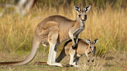 Mother kangaroo with her baby joey sticking her head out of the pouch 