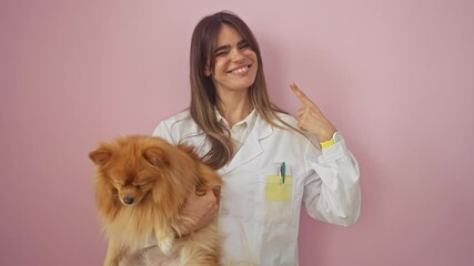 Poster - Young hispanic woman standing over an isolated pink background, smiling, happy, and proudly pointing finger to herself embodying self-love and positivity