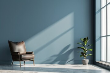 Leather armchair against minimalistic blue wall.