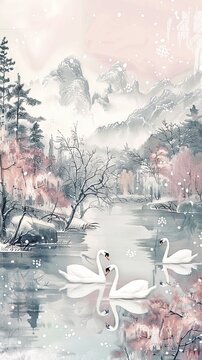 Serene Blossoming Mountainscape A Sumi e Ink Painting of Young Trees and Sakura with Happiness Hieroglyph. Wall art. AI generated illustration