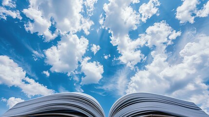 Wall Mural - Open book with sky background, white clouds in the blue sky.