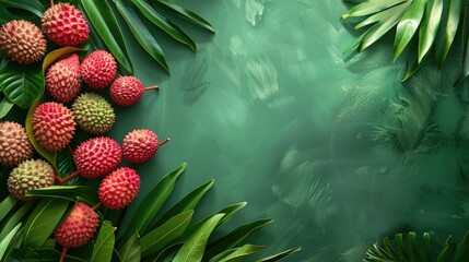 Ripe lychee fruits with lush foliage, showcased on a serene green background, embodying the natural beauty and deliciousness of the tropics