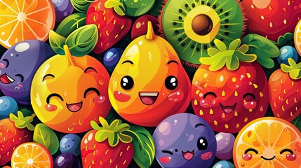 Cute Cartoon Fruit Illustration with Smiling Faces  Oranges, Strawberries, Kiwi, and Blueberries