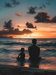 Wall Mural - Man and child on beach at sunset