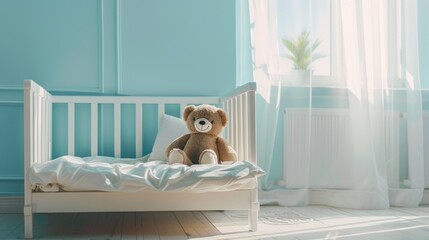 Wall Mural - Infant s bed with teddy bear in bright room