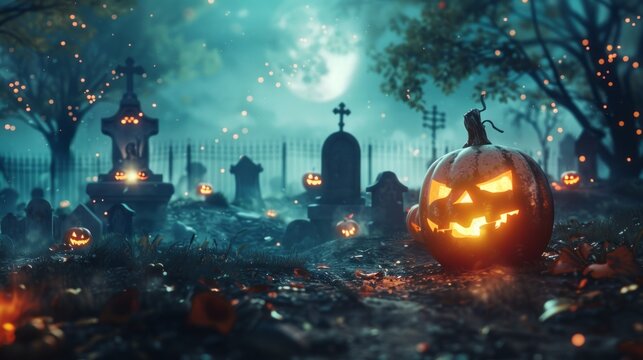 Spooky cemetery with glow halloween pumpkin in the night. copy space