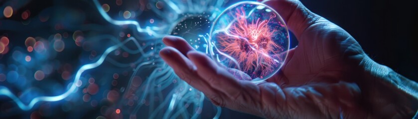 Wall Mural - man hand touching plasma ball with many energy rays