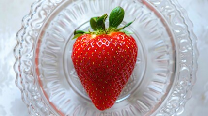Wall Mural - Vibrant red strawberry on clear plate top view close up