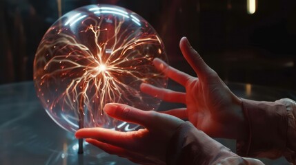 Wall Mural - man hand touching plasma ball with many energy rays
