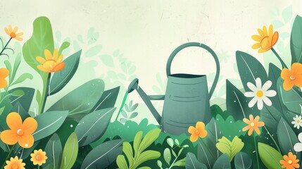 Wall Mural - Summer Gardening incorporating Watering Can and Blooming Plant Shapes