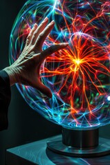 Wall Mural - man hand touching plasma ball with many energy rays