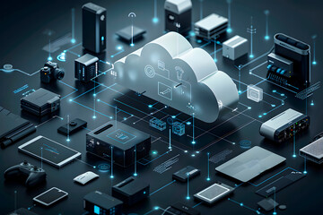 a cloud computing platform with various devices connected to it, showcasing the data transfer and st