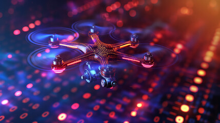 Wall Mural - A drone with glowing propellers hovers in the air against a blurred background of red and blue lights.