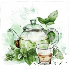 Sticker - Delicious Mint Tea. Hand-drawn Watercolor Illustration of Tea with Fresh Mint Leaves