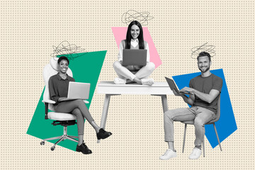 Poster - Composite trend artwork 3D sketch image photo collage of human resources armchair man lady friends work laptop call talk phone sit table