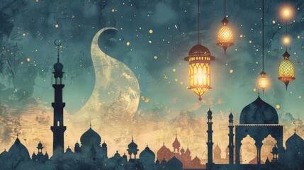 Wall Mural - night scene with lanterns and crescent moon