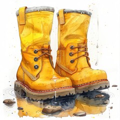 A watercolor illustration of two yellow rain boots standing in a puddle of water on a rainy day